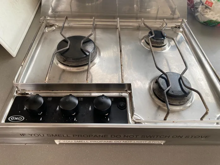 La Mer Kat Yacht Photos Pics Stainless steel stove with three burners on a 2016 Fountaine Pajot Lucia 40 yacht.