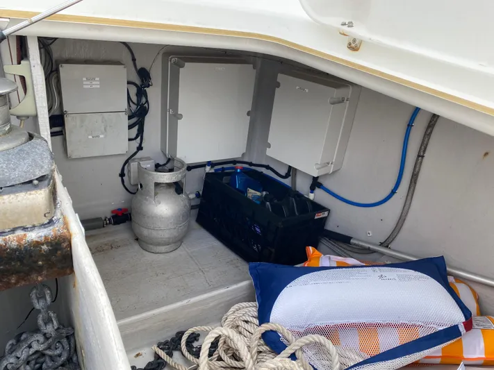 La Mer Kat Yacht Photos Pics Storage compartment of 2016 Fountaine Pajot Lucia 40 catamaran with equipment and supplies.