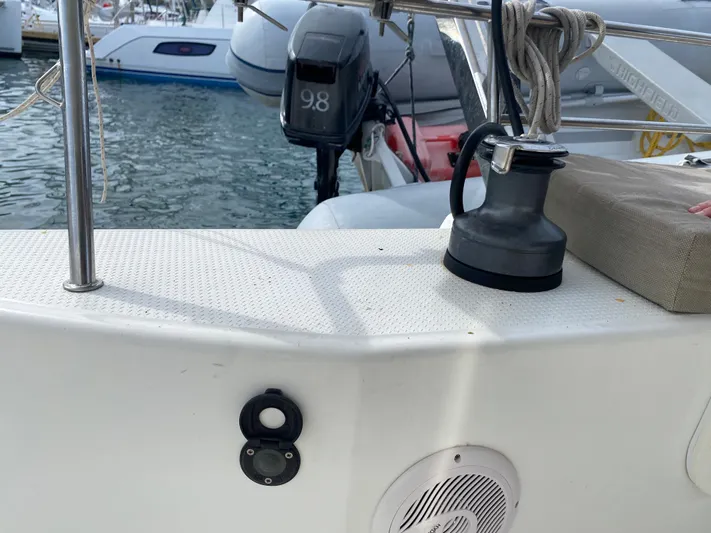 La Mer Kat Yacht Photos Pics Fountaine Pajot Lucia 40 yacht deck with winch and outboard motor, 2016 model.
