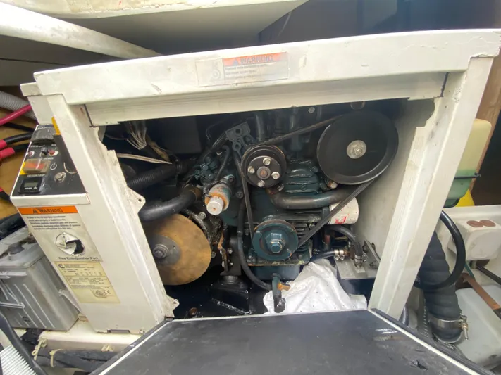 La Mer Kat Yacht Photos Pics Engine compartment of a 2016 Fountaine Pajot Lucia 40 catamaran, showcasing mechanical components.