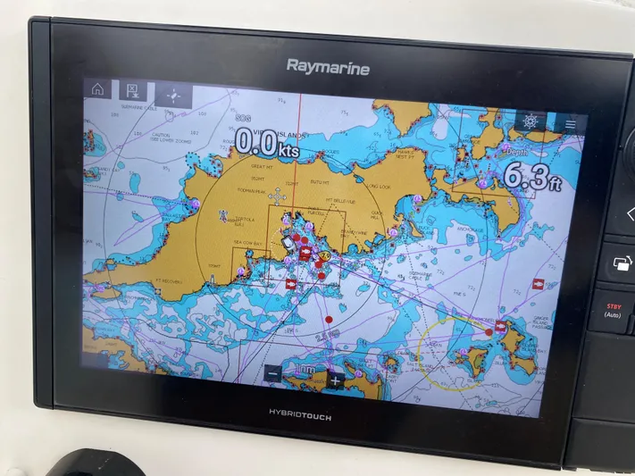 La Mer Kat Yacht Photos Pics Raymarine navigation display on 2016 Fountaine Pajot Lucia 40, showing nautical chart details.
