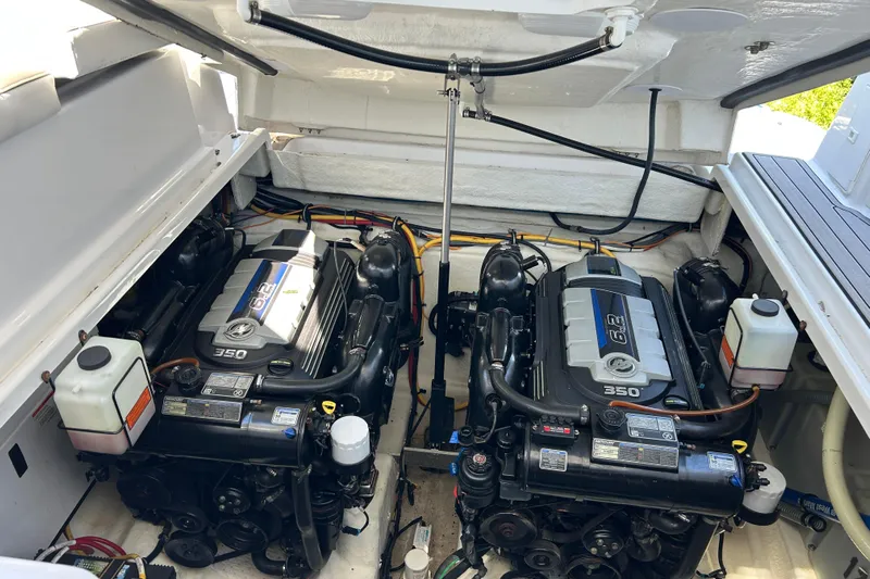  Yacht Photos Pics Engine compartment of a 2017 Monterey 355 Sport Yacht with dual 6.2L engines.