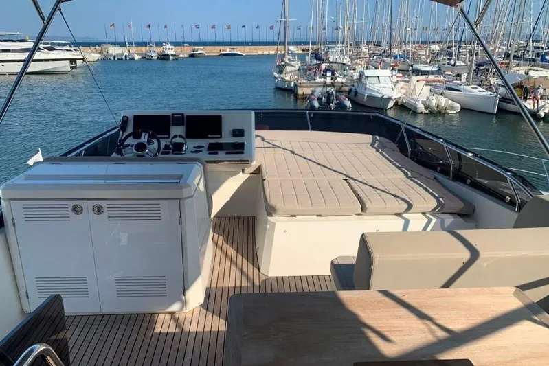 Fly Away Yacht Photos Pics Flybridge of 2018 Prestige 520 yacht with helm, seating, and marina view.