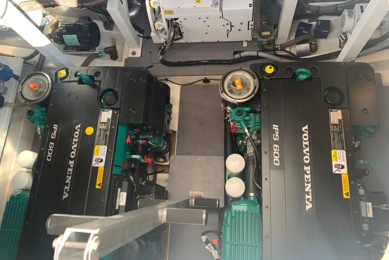 Fly Away Yacht Photos Pics Engine room of a 2018 Prestige 520 yacht with twin Volvo Penta IPS 600 engines.