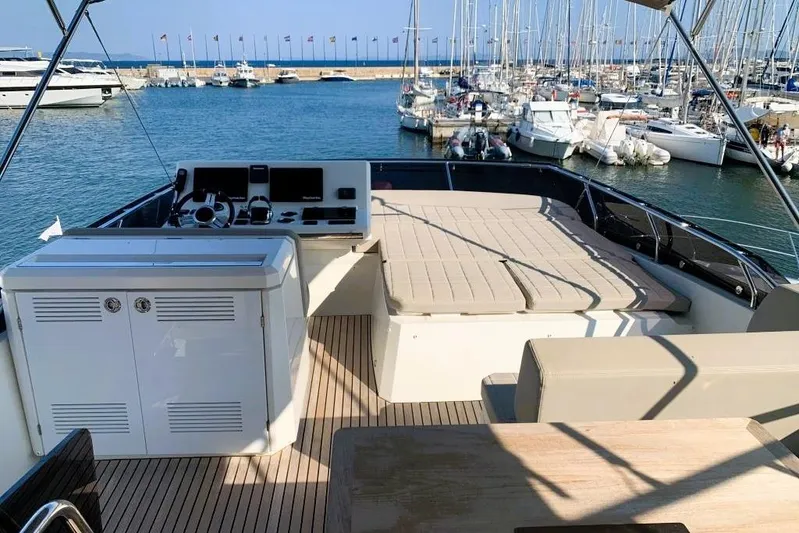 Fly Away Yacht Photos Pics Flybridge of 2018 Prestige 520 yacht docked in a marina with multiple boats.