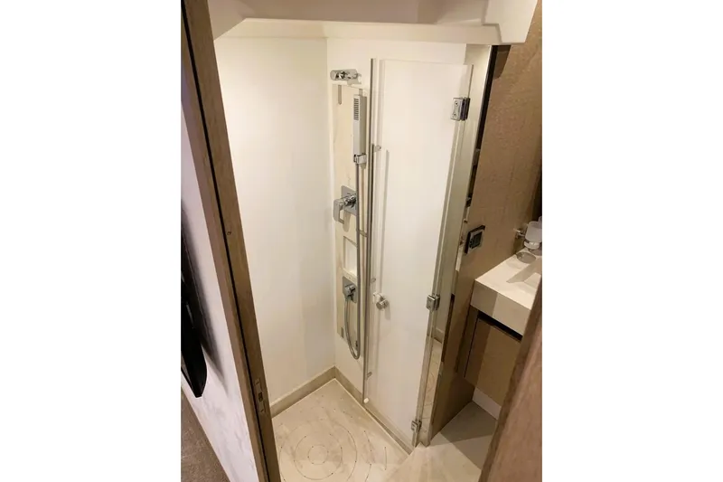 Fly Away Yacht Photos Pics Compact shower area in 2018 Prestige 520 yacht bathroom.