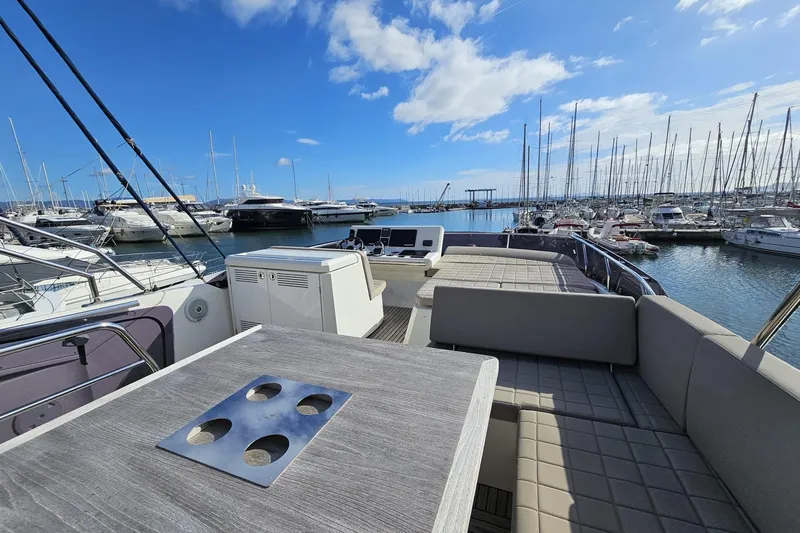 Fly Away Yacht Photos Pics Prestige 520 yacht deck, 2018 model, docked in a marina under a clear blue sky.