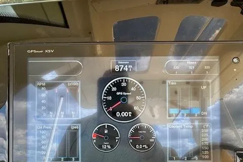 Seas Today Yacht Photos Pics Dashboard of a 2019 Scout 355 LXF boat showing GPS and engine data.
