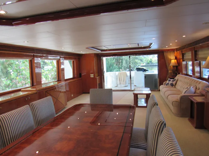 Sanctuary Yacht Photos Pics Luxurious interior of a 2002 Hargrave Raised Pilothouse yacht with elegant wood finishes.