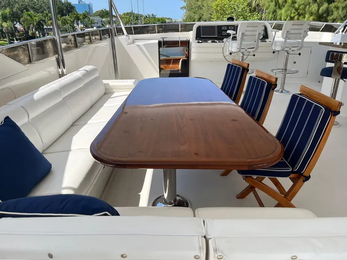 Sanctuary Yacht Photos Pics Luxurious 2002 Hargrave Raised Pilothouse yacht deck with elegant seating and wooden table.