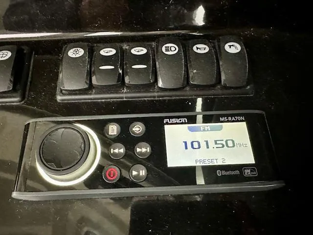  Yacht Photos Pics Fusion MS-RA70N radio on 2019 Beneteau Antares 27, displaying FM 101.50 MHz.