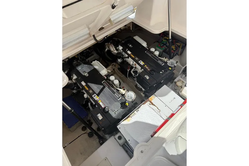 Ritz Karllton Too Yacht Photos Pics Engine compartment of 2008 Tiara Yachts 3900 Sovran, showcasing dual engines.