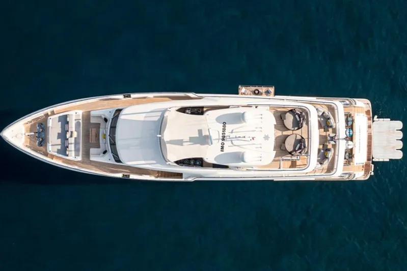 Newal Yacht Photos Pics Aerial view of 2018 Custom Line Navetta 33 yacht on deep blue water.