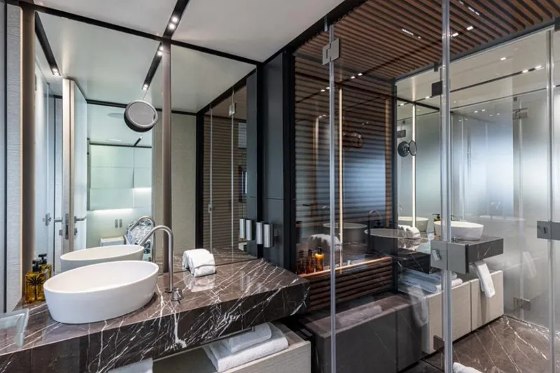 Newal Yacht Photos Pics Luxurious bathroom interior on 2018 Custom Line Navetta 33 yacht, featuring modern design elements.