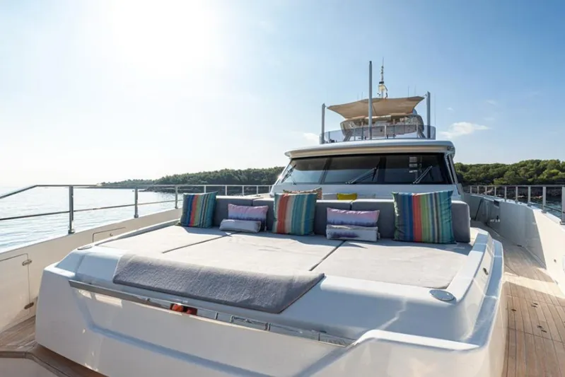 Newal Yacht Photos Pics Luxurious 2018 Custom Line Navetta 33 yacht with sun deck and colorful cushions.