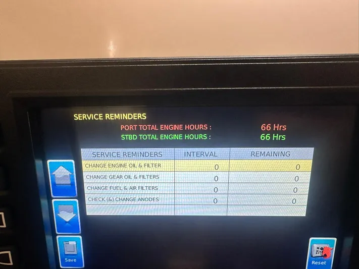 My Ty Yacht Photos Pics Display screen showing service reminders for Beneteau Swift Trawler 48, 2023 model, with engine hours.