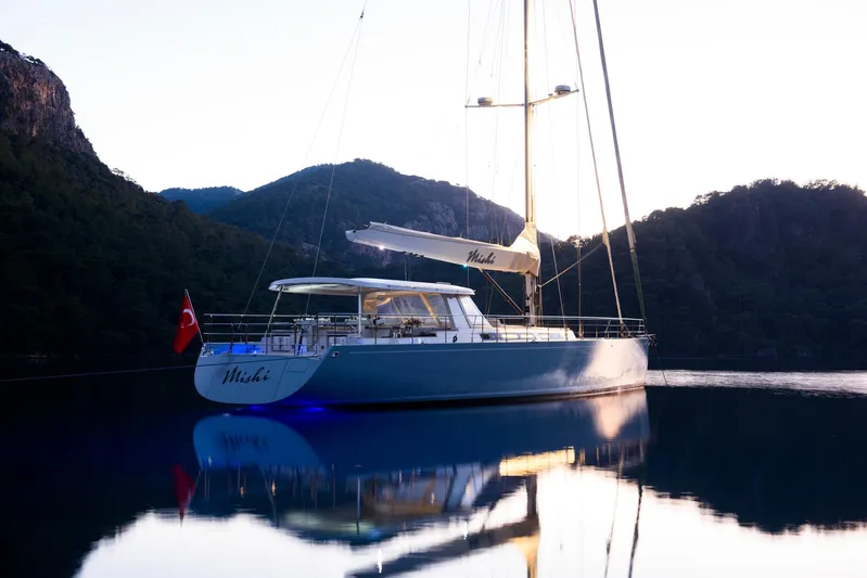 Mishi Yacht Photos Pics Sleek Custom Mishi 88 yacht on tranquil water, surrounded by mountains, 2018 model.