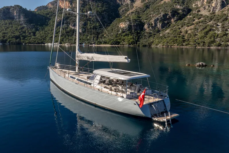 Mishi Yacht Photos Pics Luxurious Custom Mishi 88 yacht, 2018 model, anchored in serene, clear waters with scenic mountain backdrop.