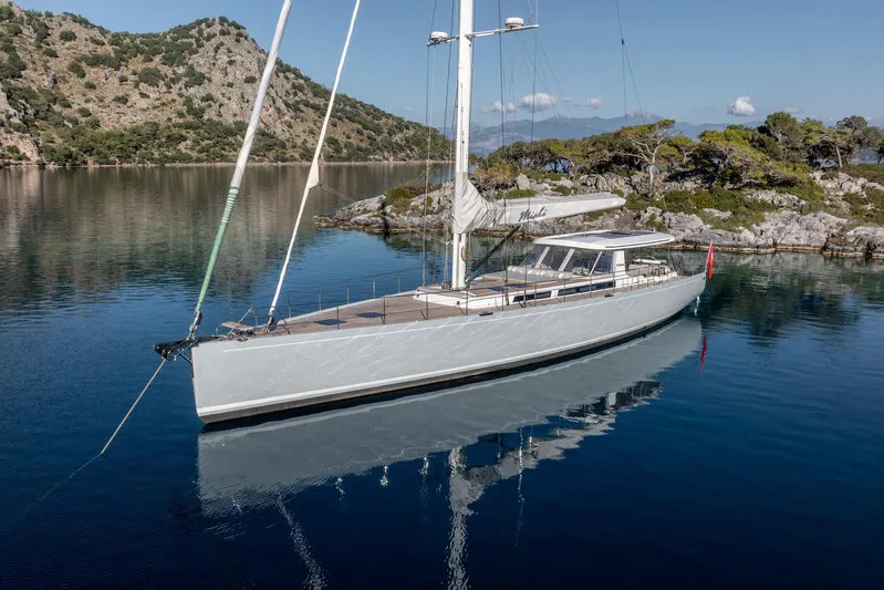 Mishi Yacht Photos Pics Sleek Custom Mishi 88 yacht from 2018, anchored in tranquil, scenic waters.