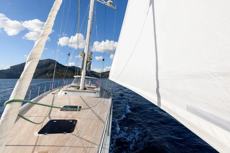 Mishi Yacht Photos Pics Sailing yacht "Mishi 88" on open sea, clear sky, mountainous background, 2018 model.