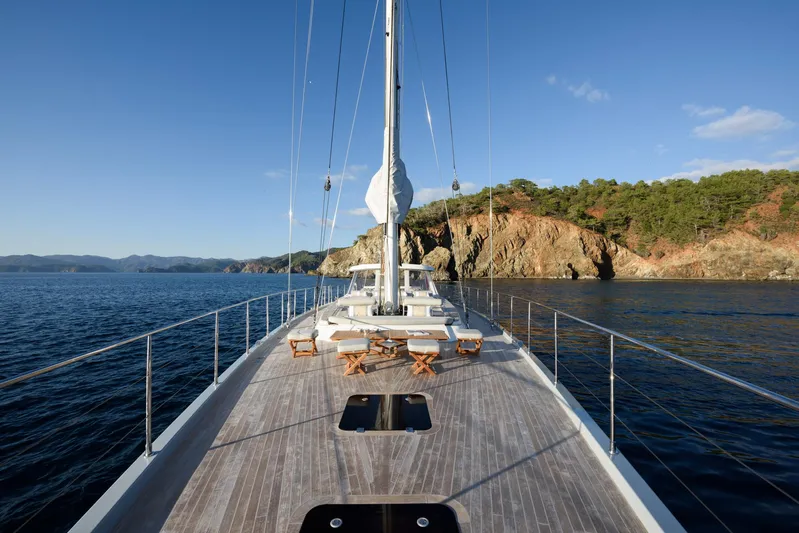 Mishi Yacht Photos Pics Sailing yacht "Mishi 88" on calm sea near rocky coastline, clear blue sky.