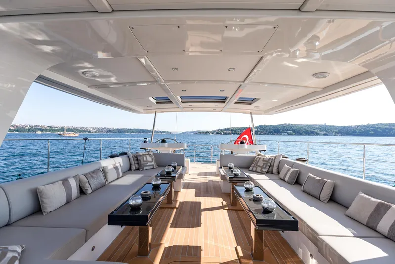 Mishi Yacht Photos Pics Luxurious Custom Mishi 88 yacht interior with elegant seating, ocean view, and modern design, 2018 model.
