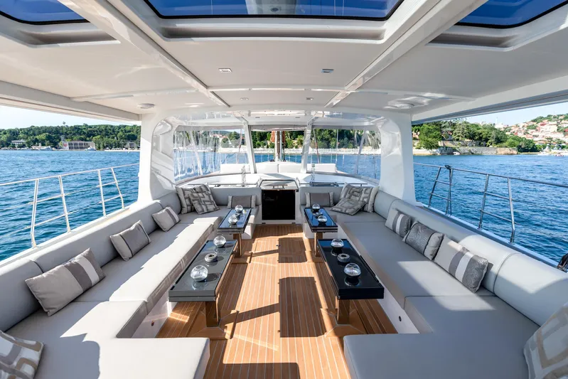 Mishi Yacht Photos Pics Luxurious Custom Mishi 88 yacht interior with elegant seating and ocean view, 2018 model.