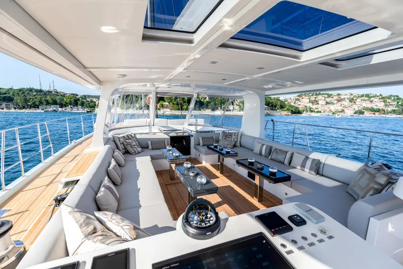 Mishi Yacht Photos Pics Luxurious 2018 Custom Mishi 88 yacht interior with spacious seating and scenic ocean view.