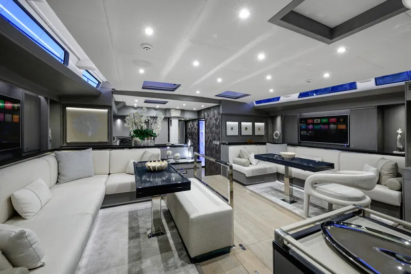 Mishi Yacht Photos Pics Luxurious interior of 2018 Custom Mishi 88 yacht with modern furnishings and ambient lighting.