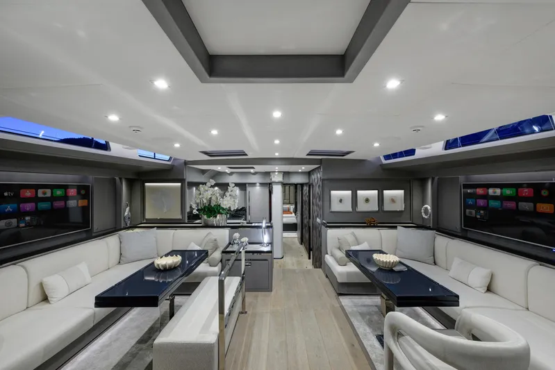Mishi Yacht Photos Pics Luxurious interior of 2018 Custom Mishi 88 yacht with modern seating and elegant decor.