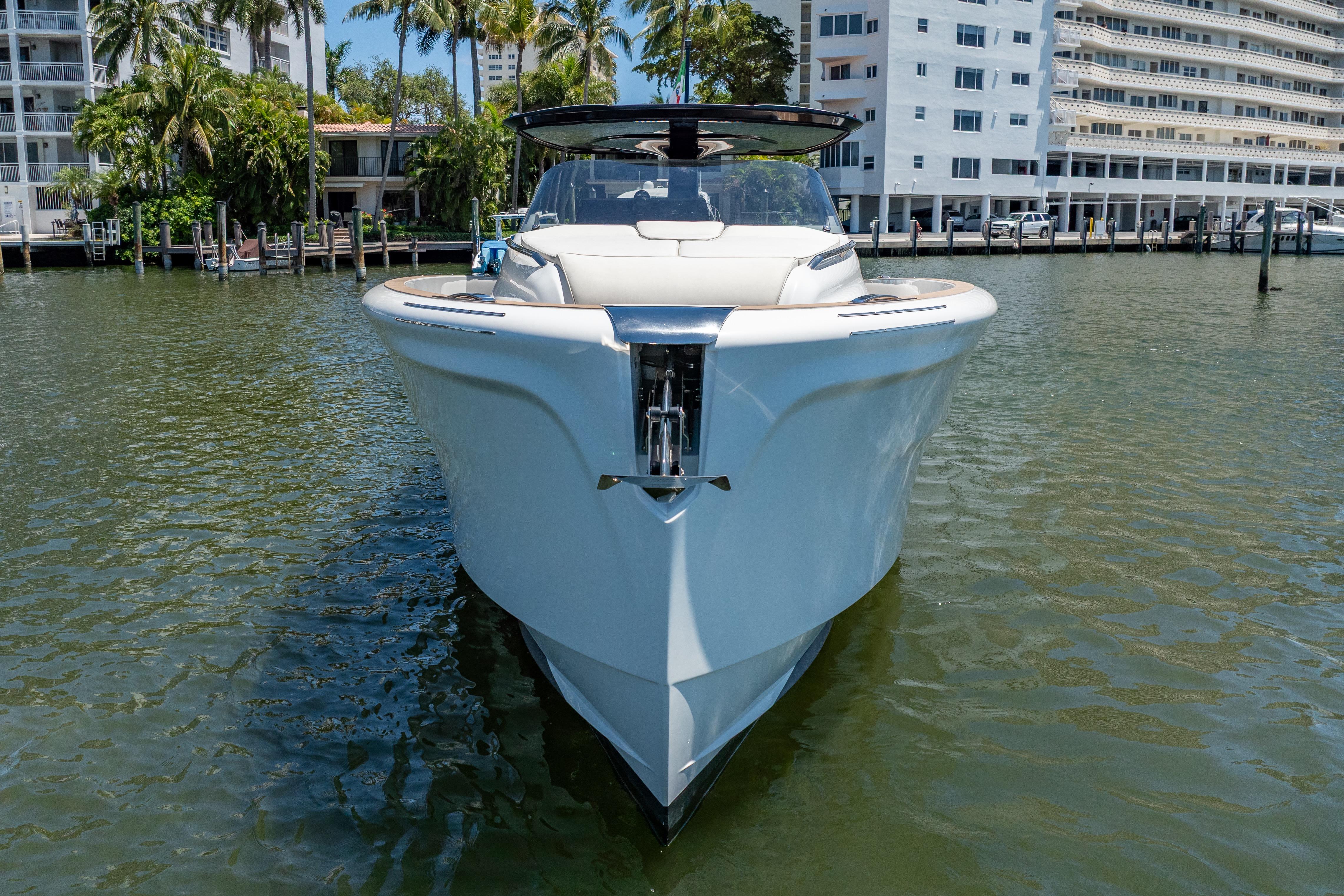 Front view of 2027 Solaris Power 40 Open yacht docked in a marina.