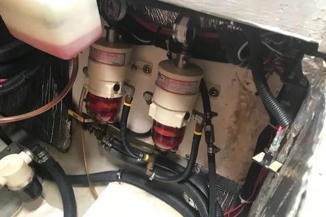 S/v Vr Yacht Photos Pics Engine compartment of a 2005 Manta 42 MK II with dual fuel filters and hoses.