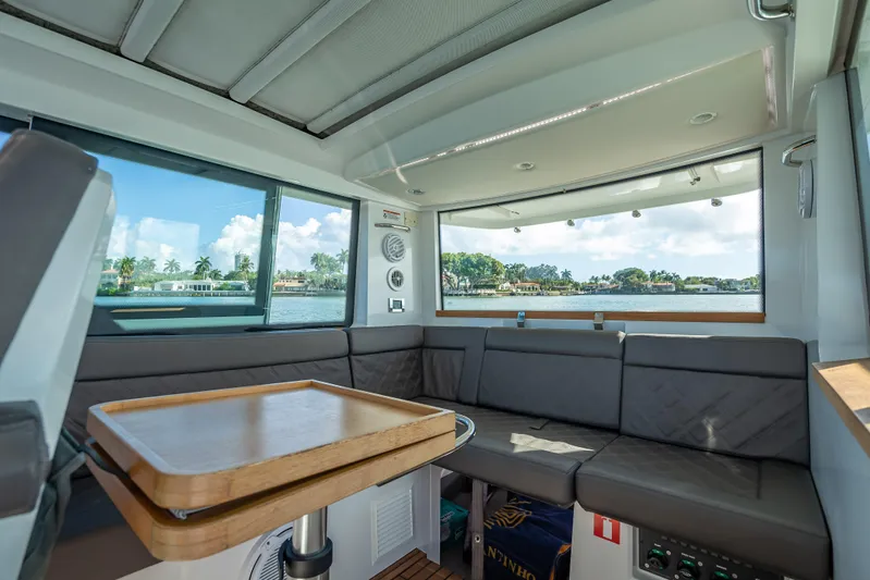  Yacht Photos Pics Interior of 2017 Axopar 37 XC Cross Cabin with scenic water view.