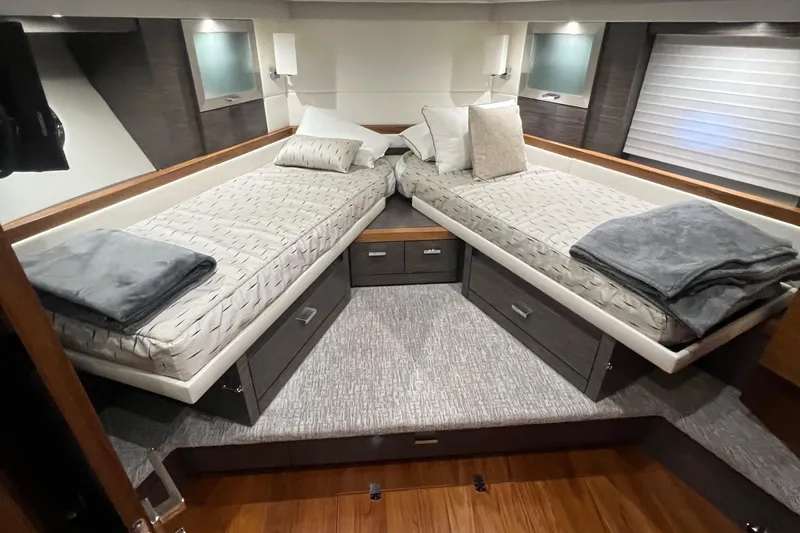  Yacht Photos Pics 2020 Tiara Yachts C53 Coupe cabin with twin beds and modern decor.