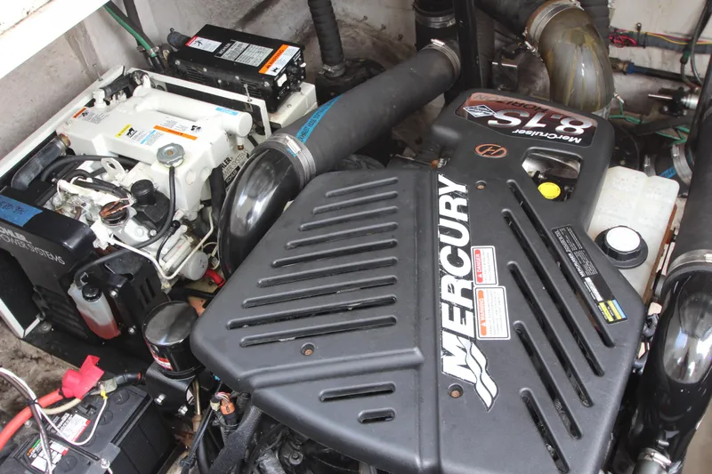  Yacht Photos Pics Engine compartment of a 2004 Sea Ray 40 Sundancer with Mercury components.