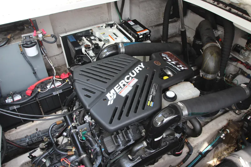  Yacht Photos Pics Engine compartment of a 2004 Sea Ray 40 Sundancer with Mercury engine components.
