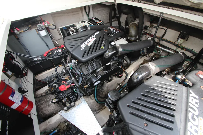 Yacht Photos Pics Engine compartment of a 2004 Sea Ray 40 Sundancer with Mercury engines.