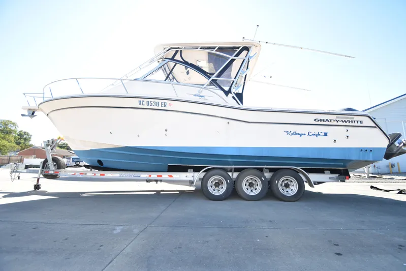 Katherine Leigh III Yacht Photos Pics 2008 Grady-White Express 305 boat on trailer, side view.