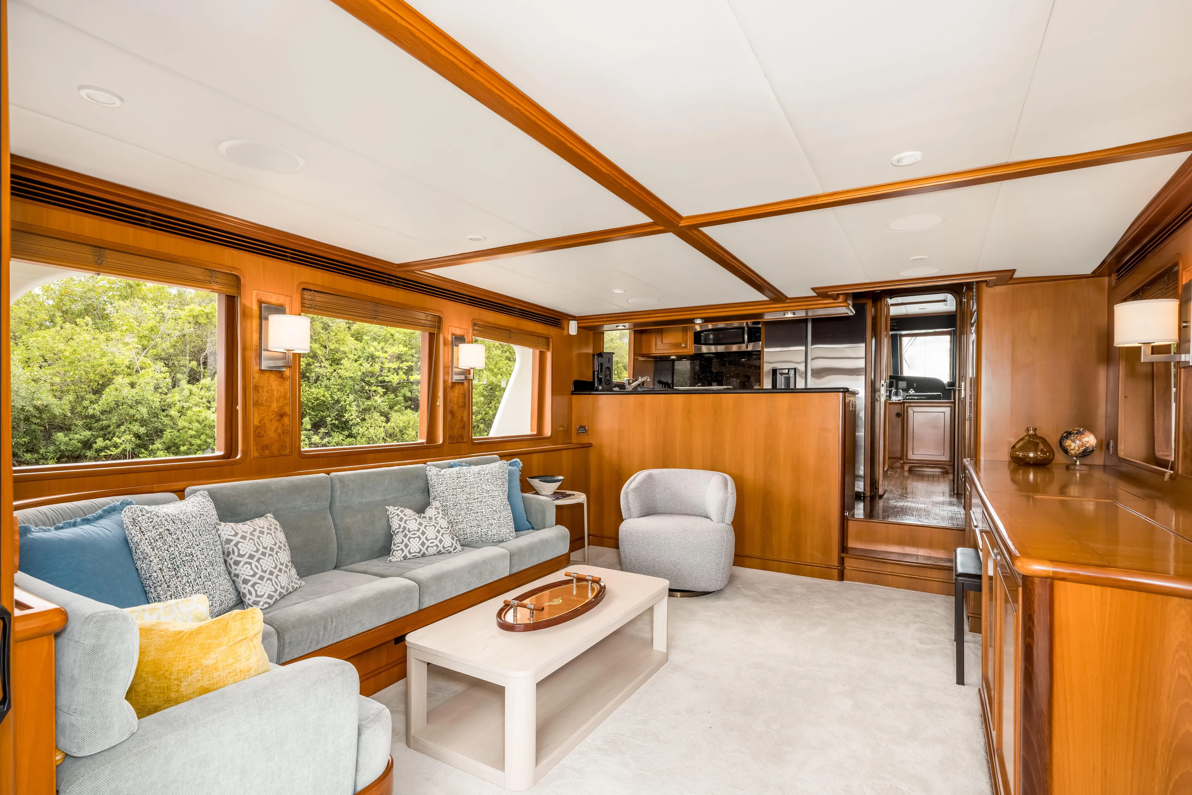 Journey Yacht Photos Pics Luxurious interior of 2008 Outer Reef Yachts 650 Motoryacht with elegant wood finishes.