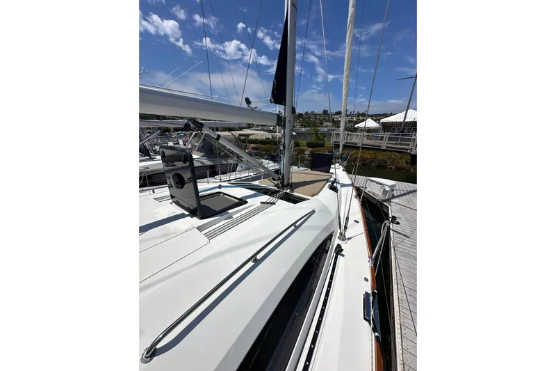 In Stock Now Yacht Photos Pics 2018 Elan 45 Impressions yacht deck with clear sky and marina view.