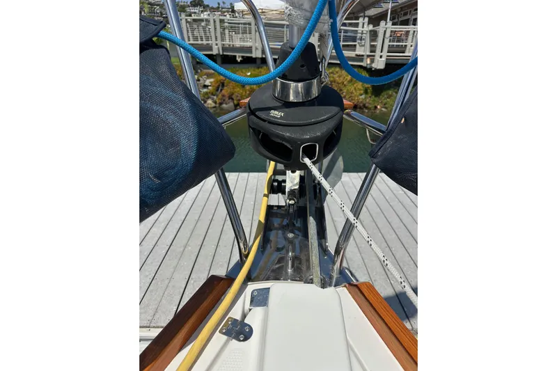 In Stock Now Yacht Photos Pics Bow of 2018 Elan 45 Impressions yacht docked, featuring ropes and deck details.