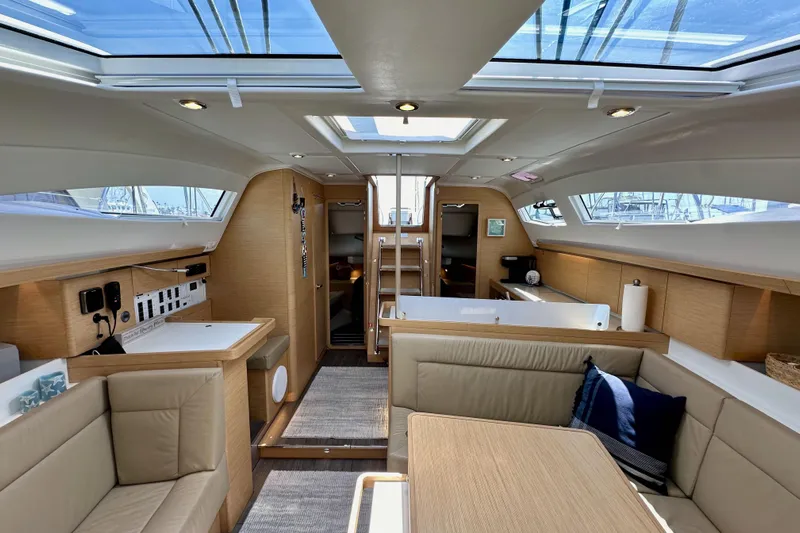 In Stock Now Yacht Photos Pics Luxurious interior of 2018 Elan 45 Impressions yacht with modern design and ample seating.