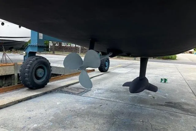  Yacht Photos Pics Underwater view of 2019 Jeanneau Sun Odyssey 349 sailboat propeller and rudder.