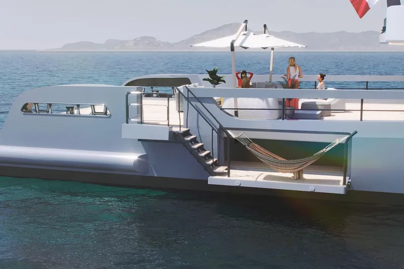  Yacht Photos Pics Luxury Rossinavi Berserk 47 yacht, 2026 model, with deck lounge and hammock, cruising on serene waters.