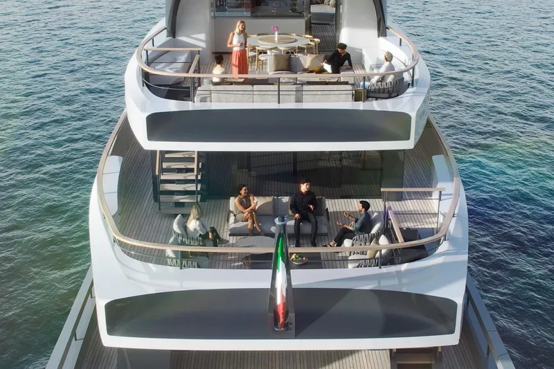  Yacht Photos Pics Luxurious Rossinavi Berserk 47 yacht, 2026 model, with people enjoying the deck.