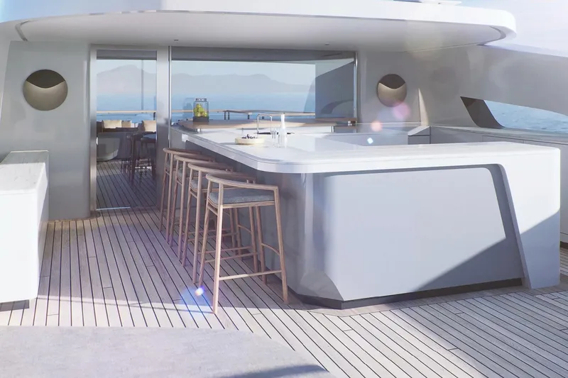  Yacht Photos Pics Luxurious Rossinavi Berserk 47 yacht deck with modern bar and ocean view, 2026 model.