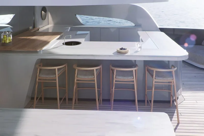  Yacht Photos Pics Luxurious Rossinavi Berserk 47 yacht kitchen with sleek design and modern bar stools, 2026 model.