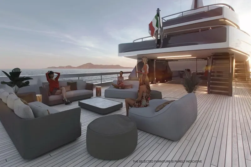  Yacht Photos Pics Luxurious Rossinavi Berserk 47 yacht deck with modern seating, ocean view, and sunset ambiance, 2026 model.