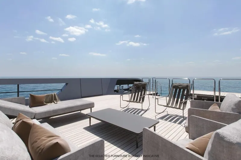  Yacht Photos Pics Luxurious deck of Rossinavi Berserk 47 yacht, 2026 model, with modern outdoor seating.