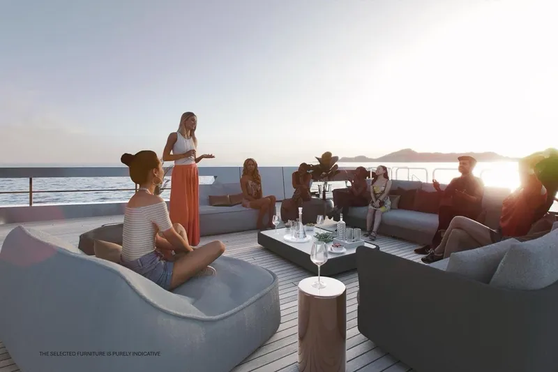  Yacht Photos Pics Luxury gathering on Rossinavi Berserk 47 yacht, 2026, with sunset ocean view.